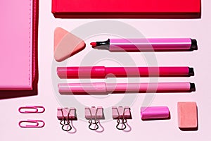 Stationery in pink tones. Flat lay, top view.