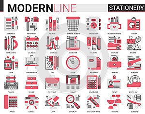 Stationery red black complex flat line icon vector illustration set. School business office supplies symbols collection