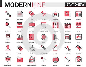 Stationery red black flat line icon vector illustration set, linear school and business office supplies symbols