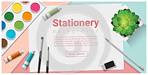 Stationery scene mock up with art supplies on colorful background