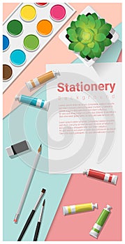 Stationery scene mock up with art supplies on colorful background