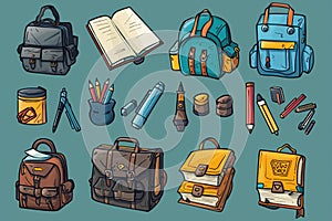 Stationery for school and kids backpack. Education supplies for children study. By generative Ai