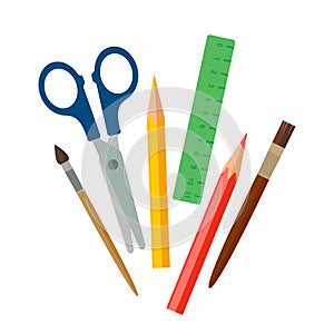 Stationery for school or office. stationery scissors, colored pencils, brushes