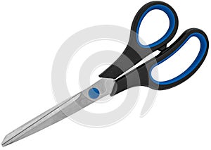 Stationery scissors with plastic handle, on white background in insulation