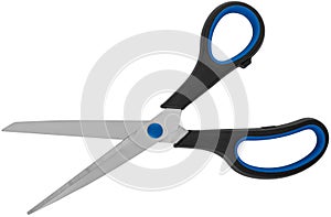 Stationery scissors with plastic handle, on white background in insulation