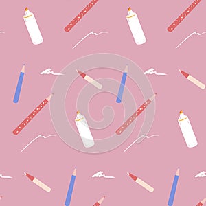 Stationery seamless pattern, pen and pencils, marker on pink background photo
