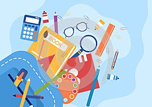 Stationery Set with Globe, Backpack, Book, Notebook, Ruler, Pencil, Pen, Calculator, Magnifying Glass or Scissors in Illustration