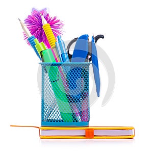 Stationery set in stand and notebook diary