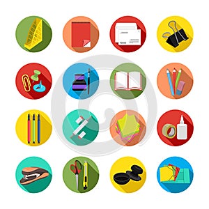 Stationery set of vector icons. Multicolor office tools in a round frame with a beveled shadow, isolated