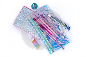 Stationery stack . Holographic notepad pencil case pen eraser clips sharpener.