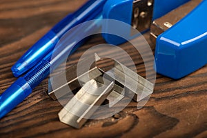 Stationery stapler, stapler staples, close-up, selective focus