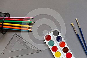 Stationery for students, students on a grey background. Ready for school