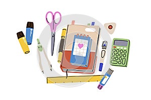 Stationery supplies. Notebook, notepad, calculator, ruler, school accessories, items. Sketchbook, note book, diary, stationary