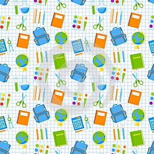 Stationery supplies vector seamless pattern. School tools.