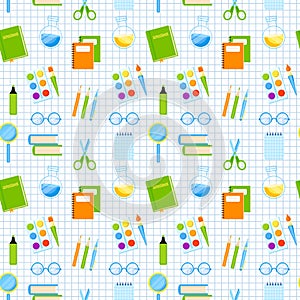 Stationery supplies vector seamless pattern. School tools.