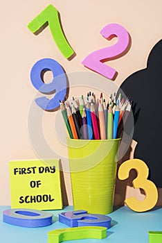 Stationery and text first day of school