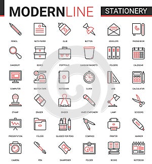 Stationery thin red black line icon vector illustration set, linear school and business office supplies symbols