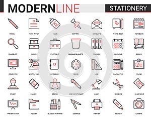 Stationery thin red black line icon vector illustration set, linear school and business office supplies symbols