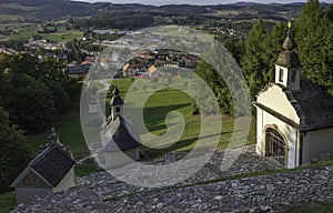 Stations of the Cross with village Smarje pri Jelsah in background, Slovenia photo