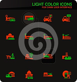 Stations of public transport icons set