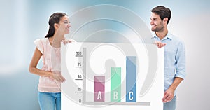 Statistic bar charts and couple holding card