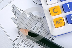 Statistic chart, pencil and calculator photo