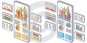 Statistical analysis on mobile devices vector. Analytical, success, research, idea with isometric illustrations. Data