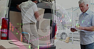 Statistical data processing against caucasian delivery man stacking delivery boxes in his van