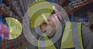 Statistical data processing against caucasian male worker using scanning device at warehouse