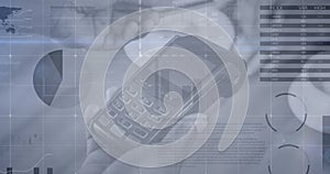 Statistical data processing against close up of person's hand using a card machine