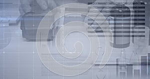 Statistical data processing against close up of person's hand using a card machine