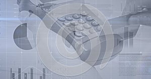 Statistical data processing against close up of person's hand using a card machine