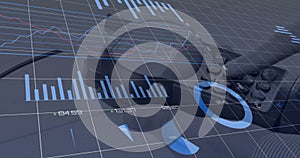 Statistical data processing against close up of person's hand using a card machine