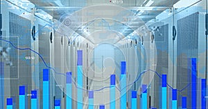 Statistical data processing and round scanners over world map against empty computer server room