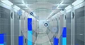 Statistical data processing and round scanners over world map against empty computer server room