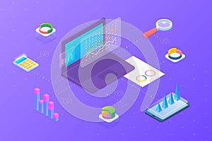 Statistics Analyse Data Information on Laptop Notebook isometric flat design vector illustration