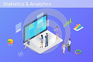 Statistics Analyse Data Information on Laptop Notebook isometric flat design vector illustration