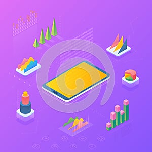 Statistics Analyse Data Information on Mobile phone Smartphone Tablet PC isometric flat design vector illustration