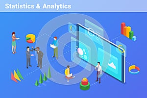 Statistics Analyse Data Information Online on Mobile Phone Smartphone isometric flat design vector illustration