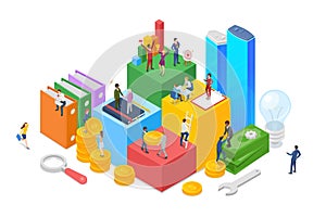 Statistics Analyse Financial Funds Charts isometric flat design vector illustration. Money income Dollar coins investment concept
