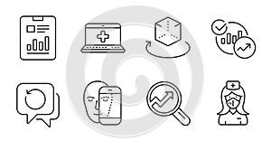 Statistics, Analytics and Recovery data icons set. Medical help, Nurse and Face biometrics signs. Vector