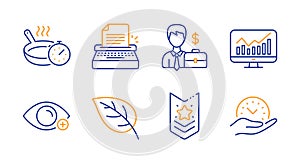 Statistics, Businessman case and Leaf icons set. Typewriter, Frying pan and Shoulder strap signs. Vector