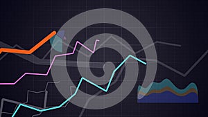 Statistics concept. Camera moves above growing financial charts and diagrams. Looping animation