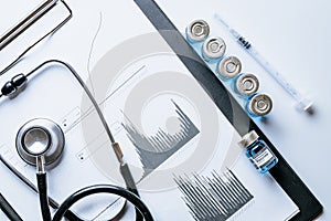 Statistics covid. Doctor stethoscope, hospital healthcare infographic charts and analytic medical statistics on hospital