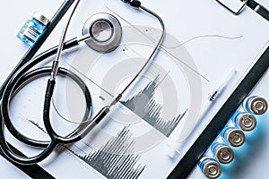 Statistics covid. Doctor stethoscope, hospital healthcare infographic charts and analytic medical statistics on hospital