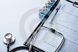 Statistics covid. Doctor stethoscope, hospital healthcare infographic charts and analytic medical statistics on hospital