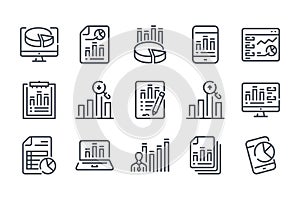 Statistics and data report line icons.