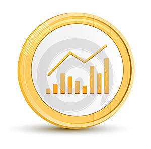 Statistics icon gold round button golden coin shiny frame luxury concept abstract illustration isolated on white background