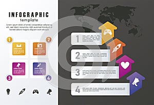 statistics infographics steps with arrows and squares in gray and black background