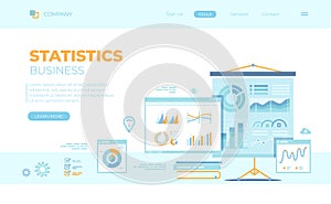 Statistics Presentation. Monitoring and analysis statistical data. Graphs, charts, diagrams, infographics, screens, documents.